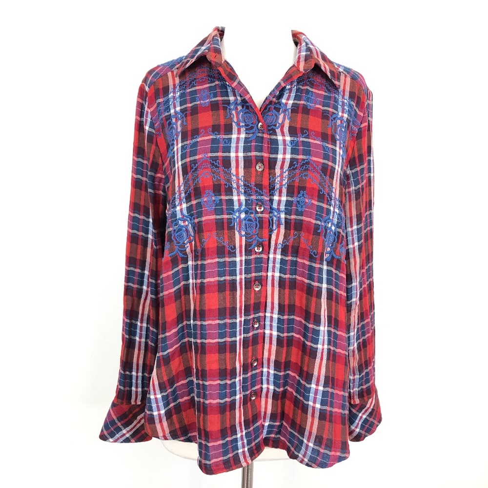 Free People Magical Plaid Embroidered Shirt